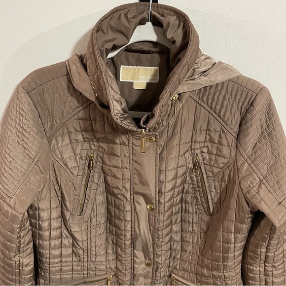 Michael Michael Kors Quilted Hooded weather-proof Gold Accent Coat jacket Size M - Picture 7 of 10